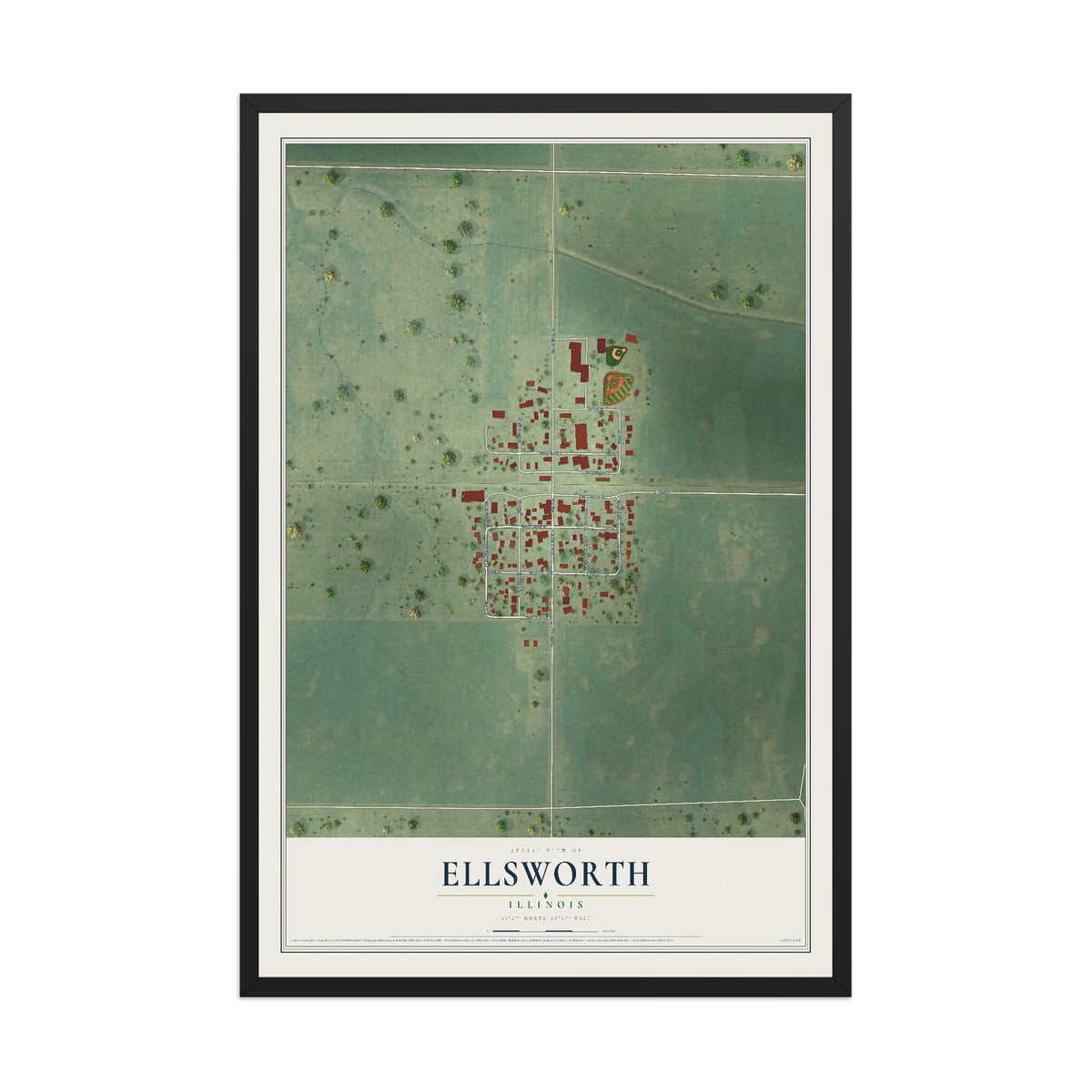 Map of Ellsworth, Illinois, 12 x 18 inch print in a black wood frame