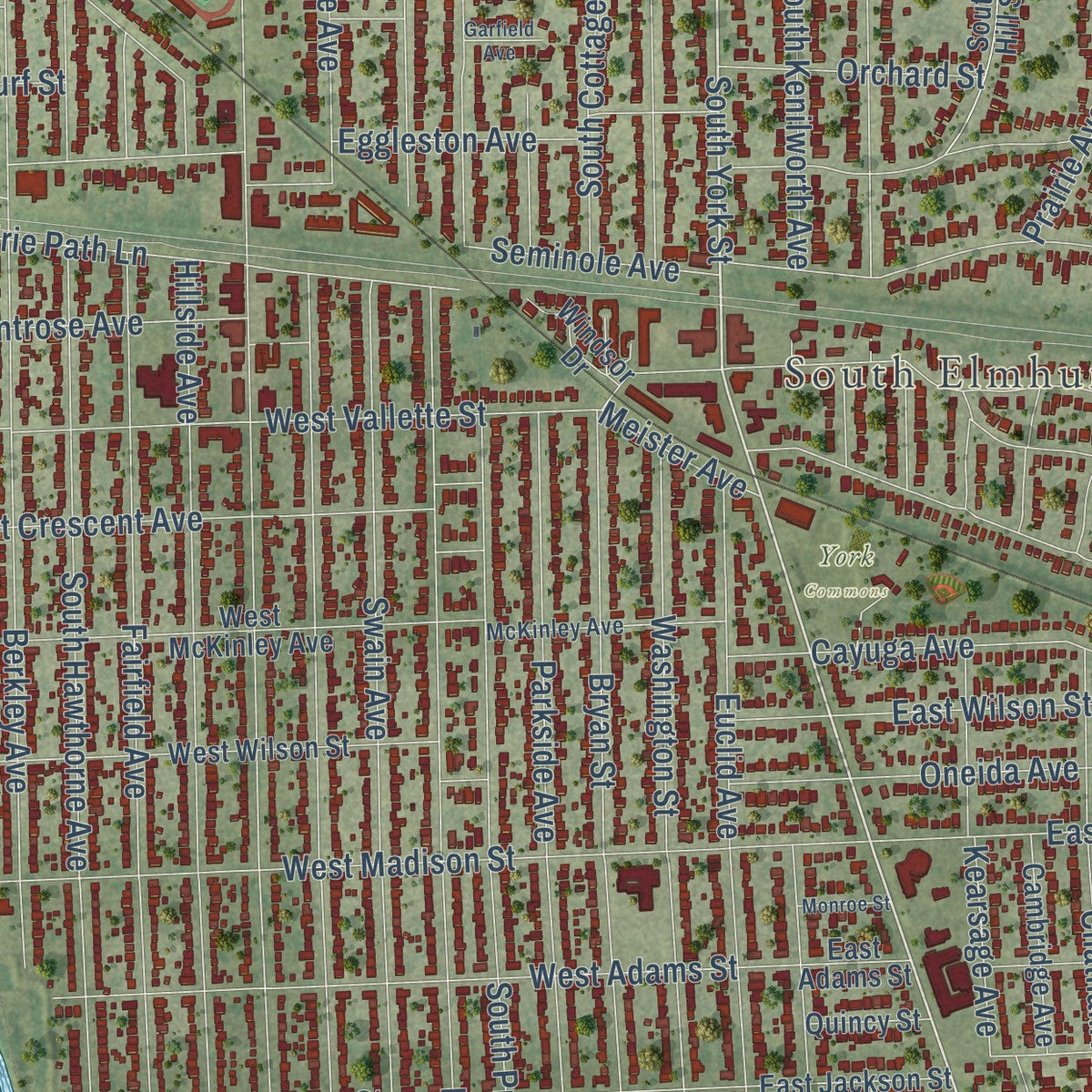 Close-up of the map of Elmhurst, Illinois print showing street and building detail