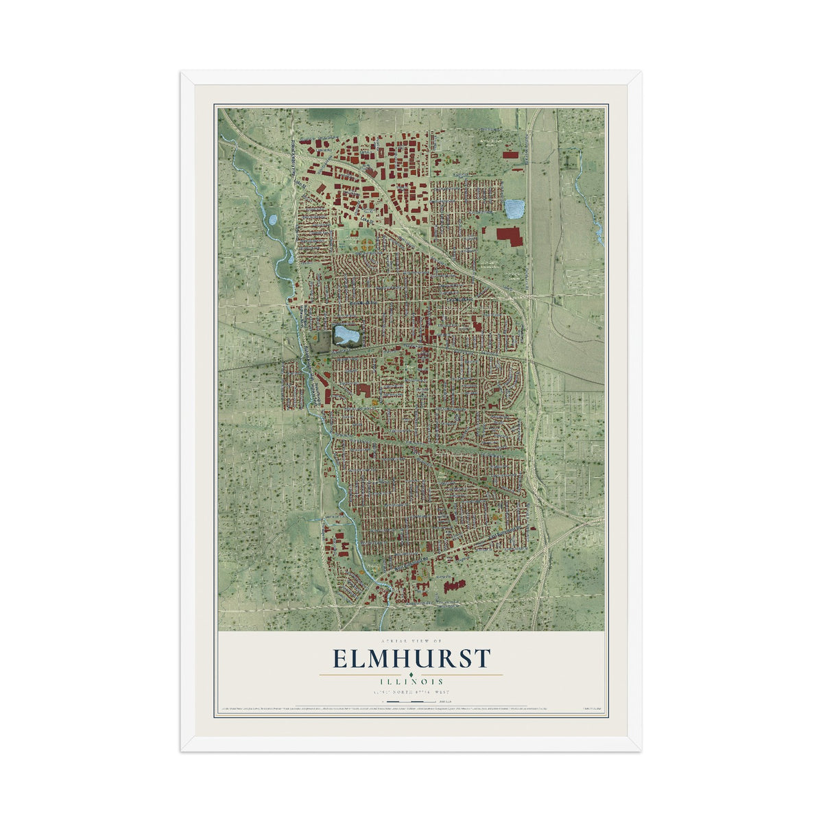 Map of Elmhurst, Illinois, 12 x 18 inch print in a white wood frame