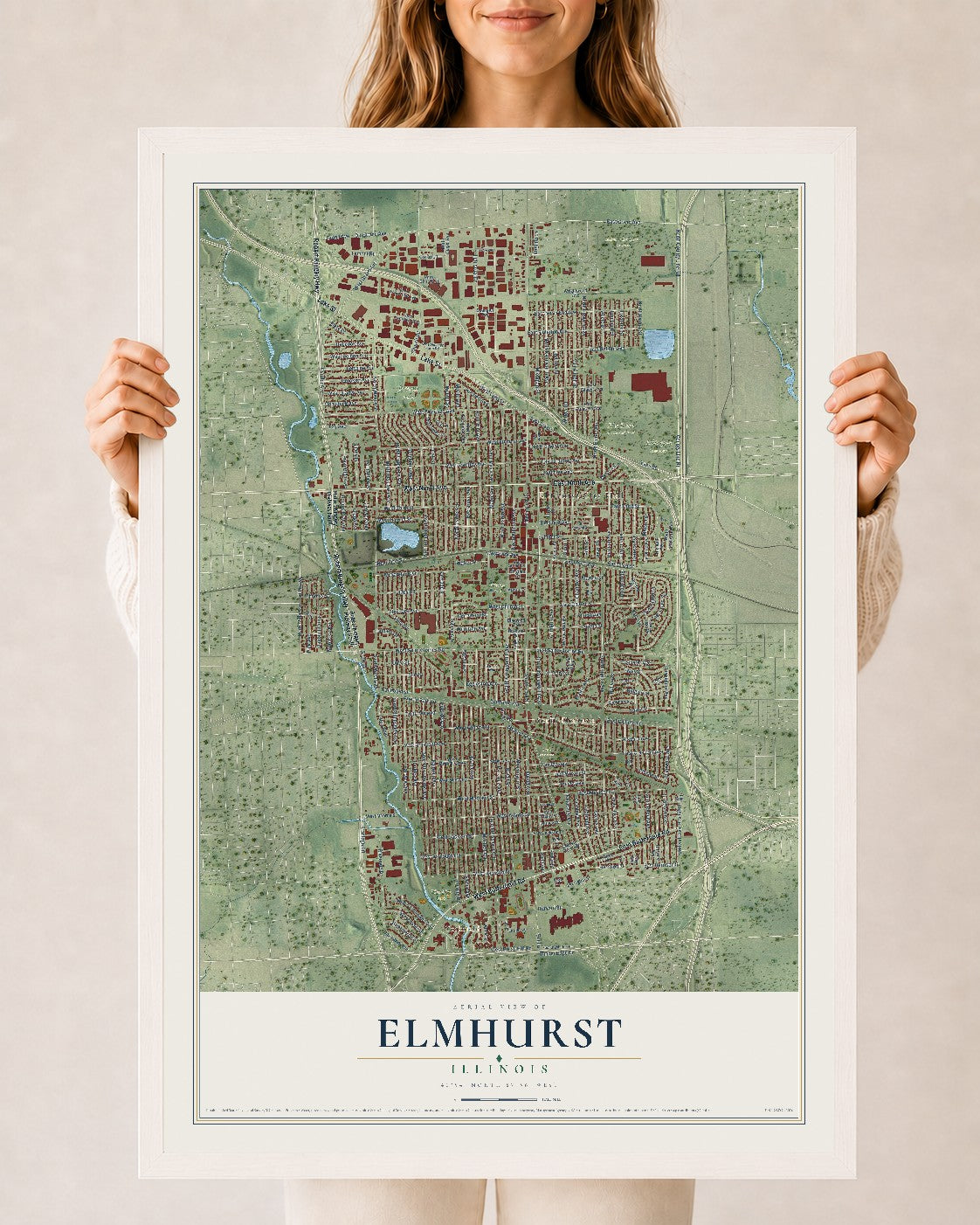Map of Elmhurst, Illinois, 24 x 36 inch print in a white wood frame
