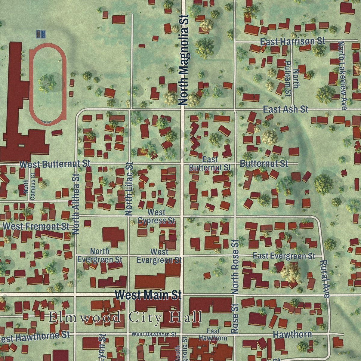Close-up of the map of Elmwood, Illinois print showing street and building detail