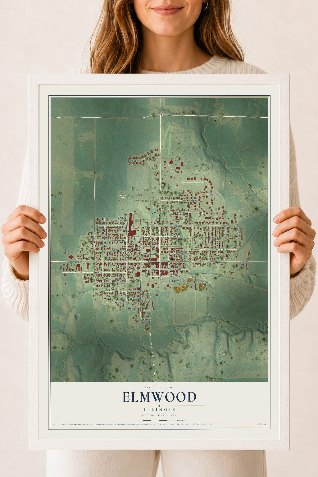 Map of Elmwood, Illinois, 18 x 24 inch print in a white wood frame