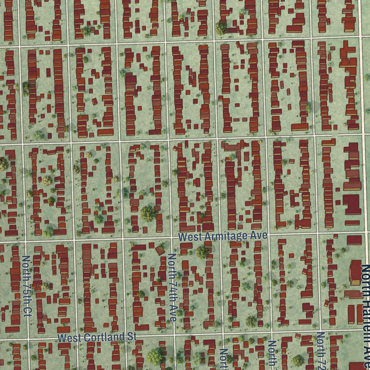 Close-up of the map of Elmwood Park, Illinois print showing street and building detail