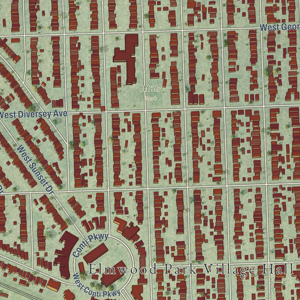 Second close-up of the map of Elmwood Park, Illinois print showing more streets and buildings