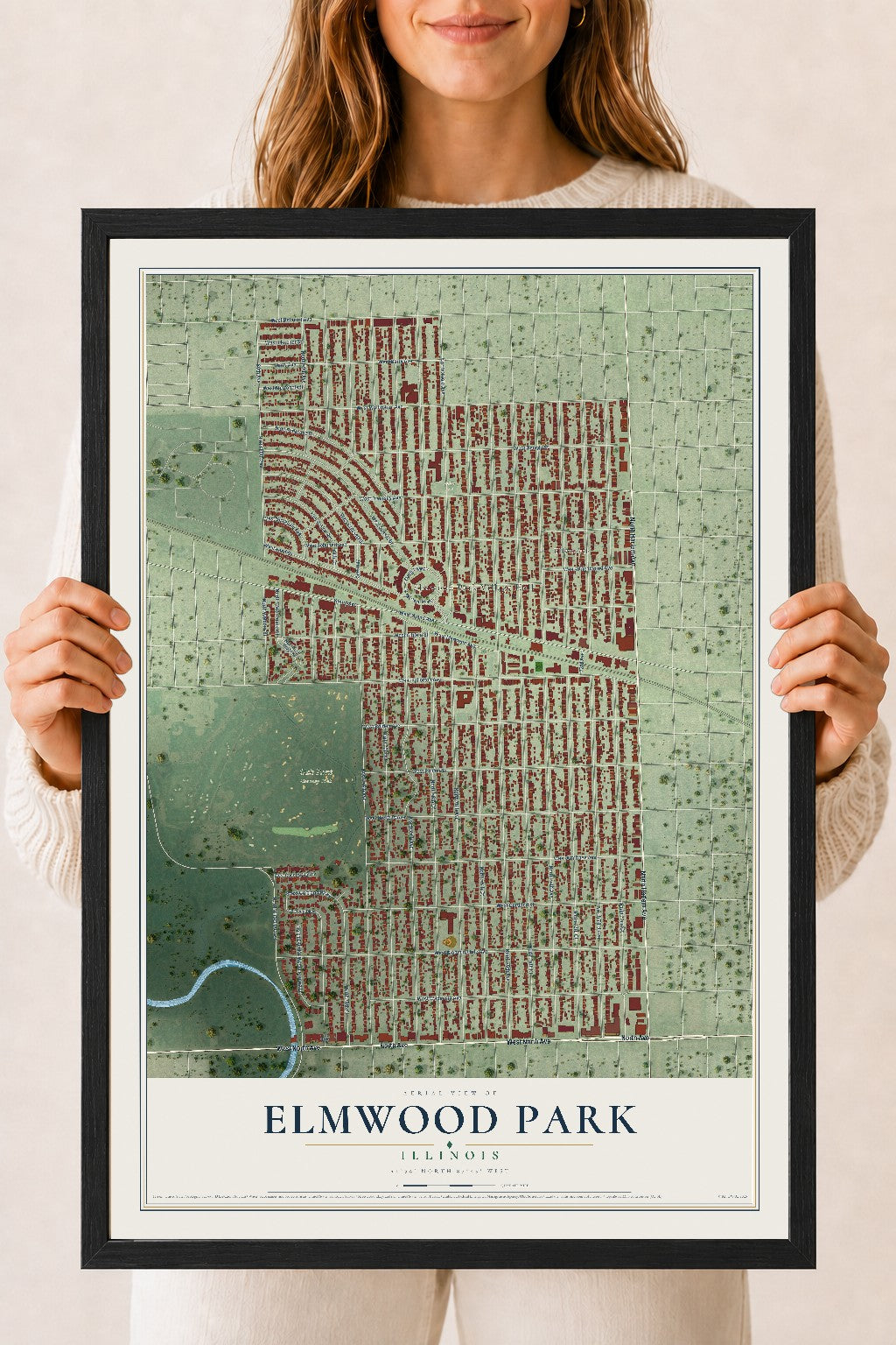 Map of Elmwood Park, Illinois, 18 x 24 inch print in a black wood frame