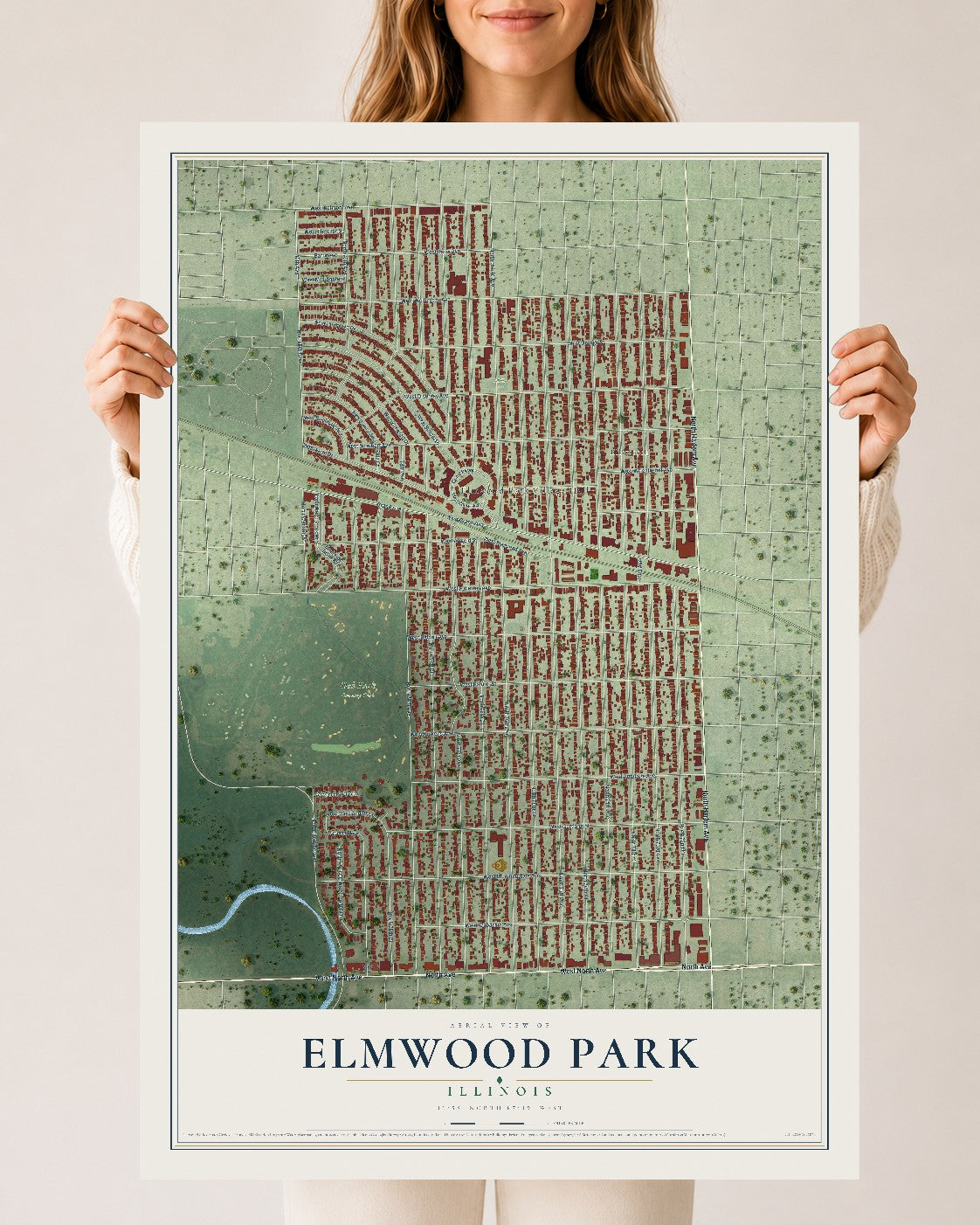 Map of Elmwood Park, Illinois, 24 x 36 inch unframed archival matte print