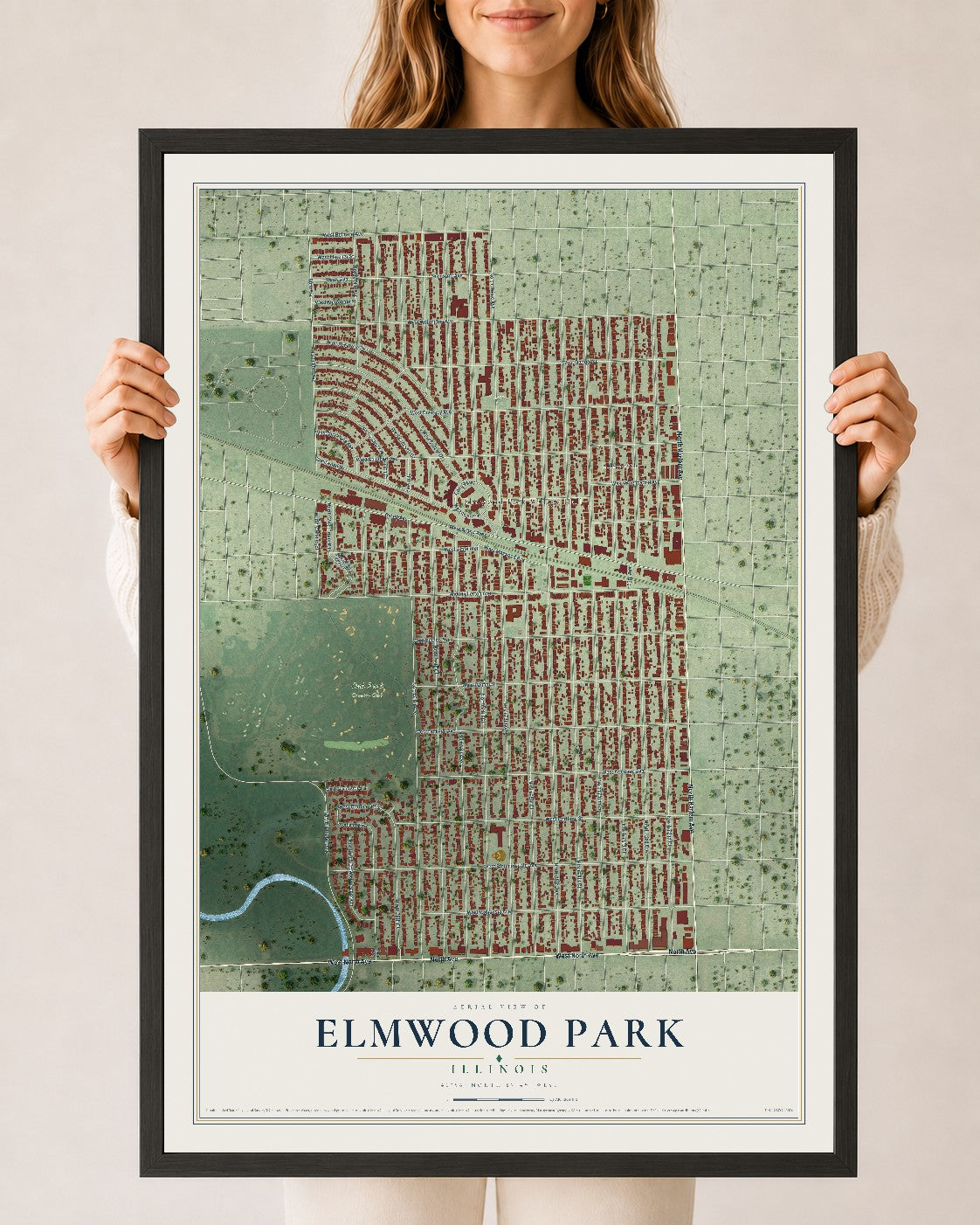 Map of Elmwood Park, Illinois, 24 x 36 inch print in a black wood frame