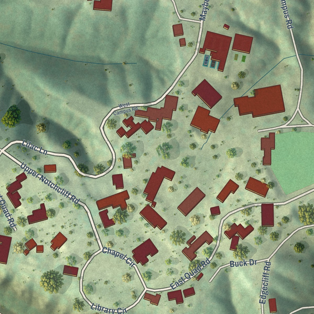 Close-up of the map of Elsah, Illinois print showing street and building detail