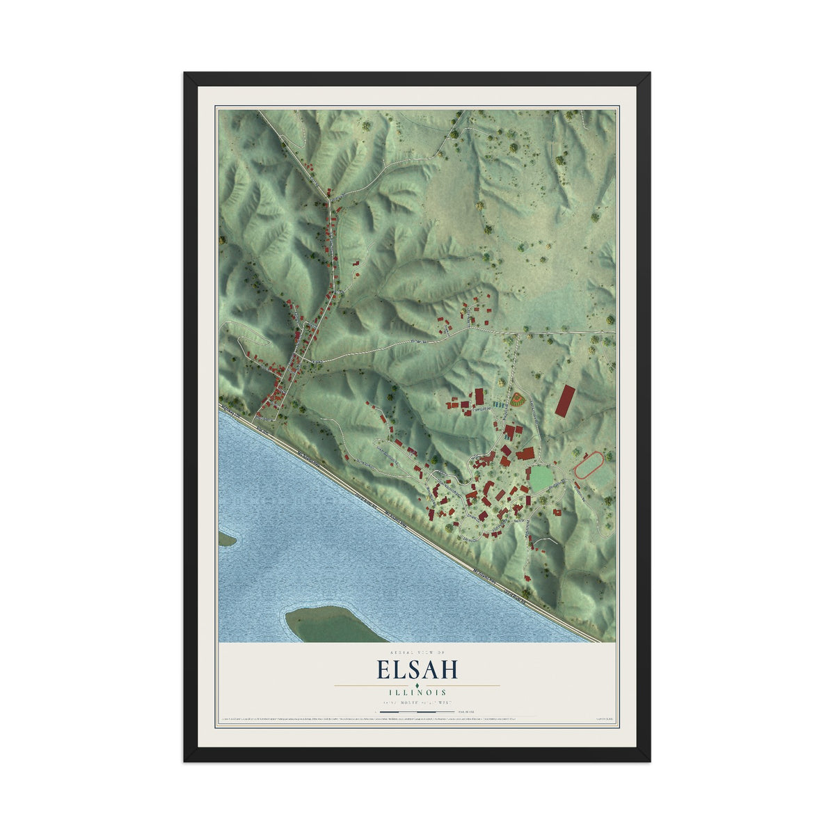 Map of Elsah, Illinois, 12 x 18 inch print in a black wood frame