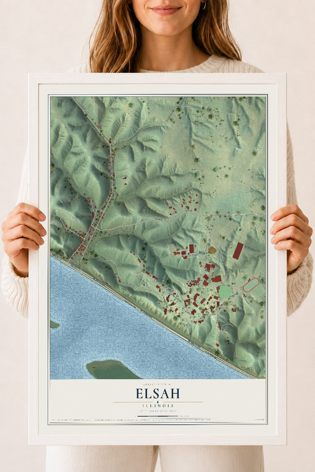 Map of Elsah, Illinois, 18 x 24 inch print in a white wood frame