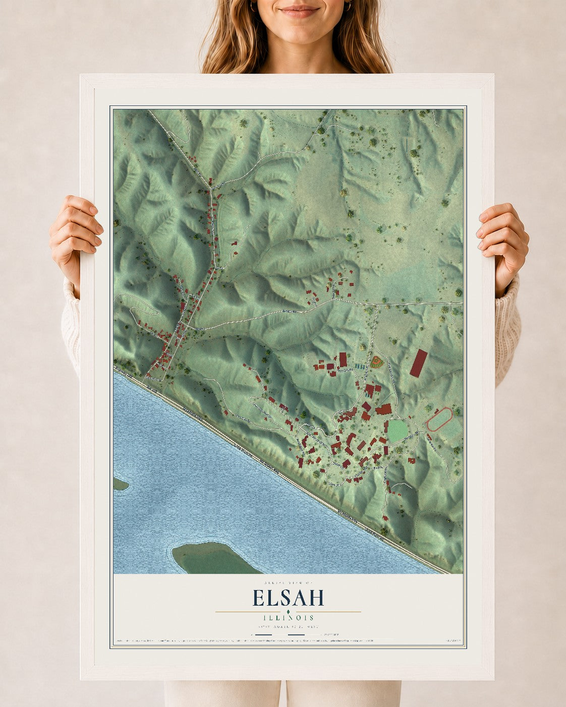 Map of Elsah, Illinois, 24 x 36 inch print in a white wood frame