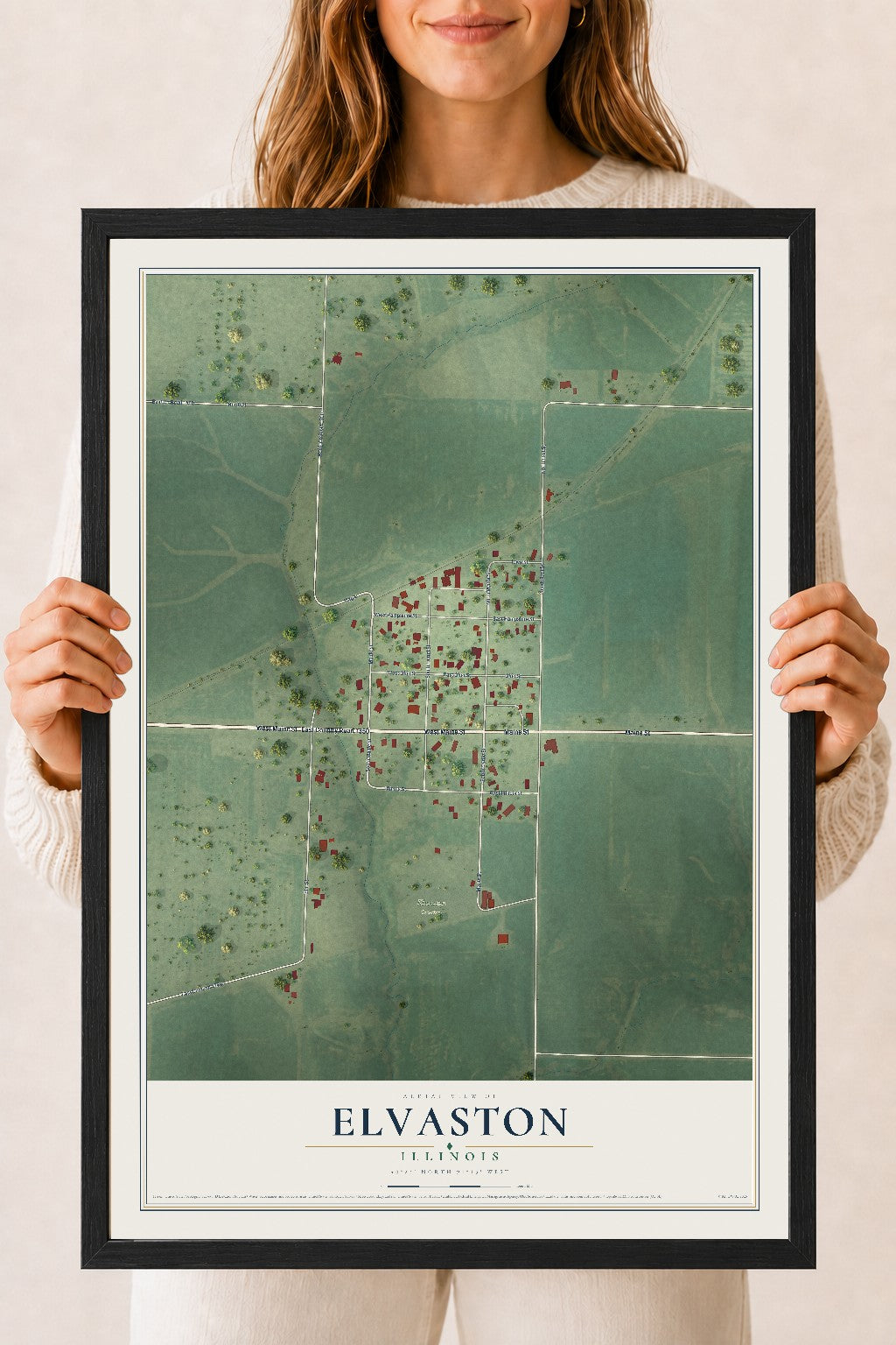 Map of Elvaston, Illinois, 18 x 24 inch print in a black wood frame