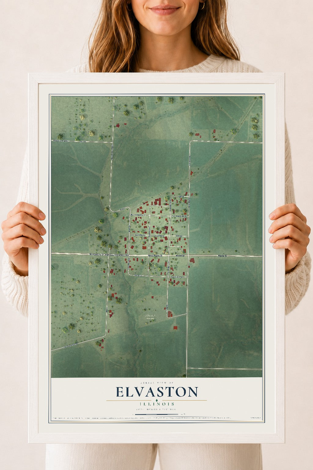 Map of Elvaston, Illinois, 18 x 24 inch print in a white wood frame