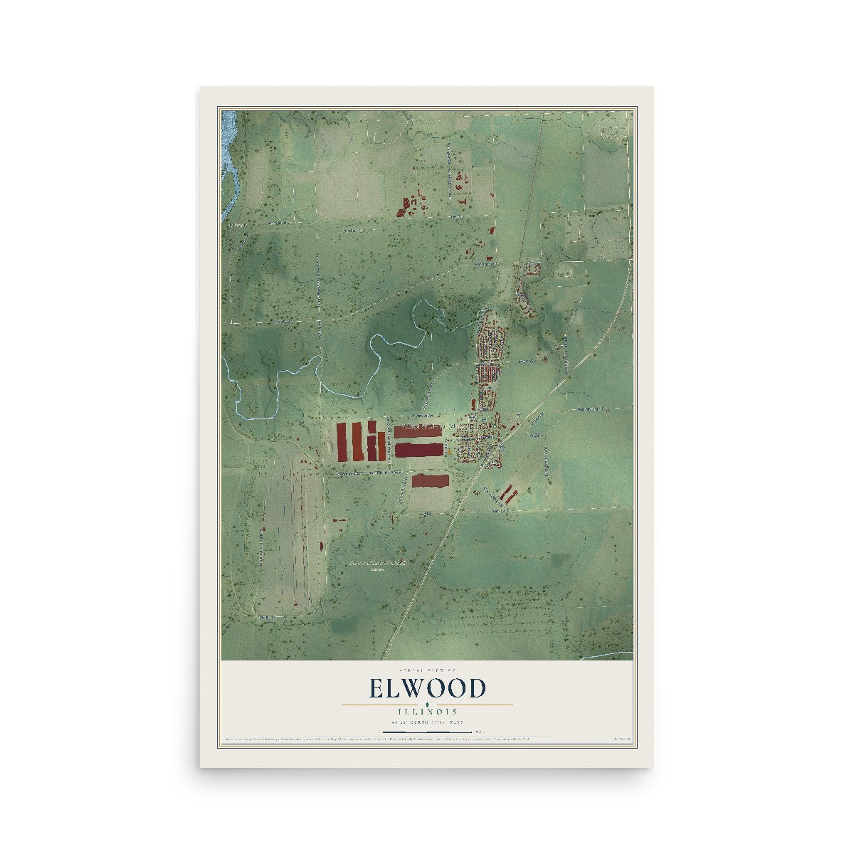 Map of Elwood, Illinois, 12 x 18 inch unframed archival matte print