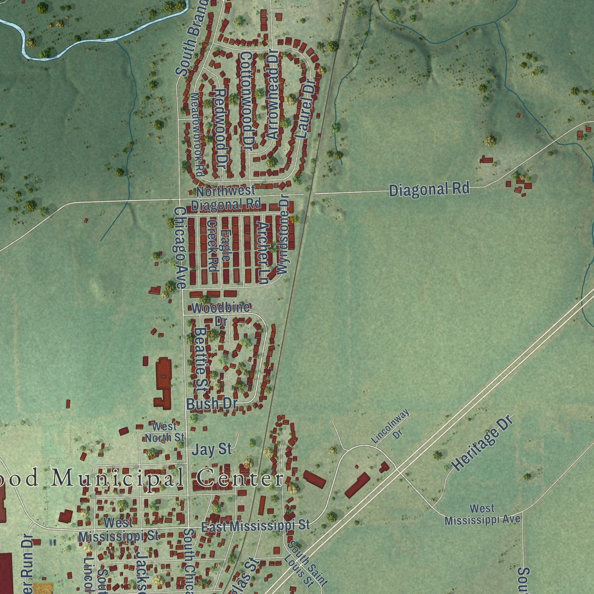 Close-up of the map of Elwood, Illinois print showing street and building detail