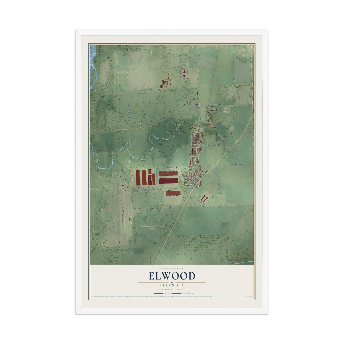 Map of Elwood, Illinois, 12 x 18 inch print in a white wood frame