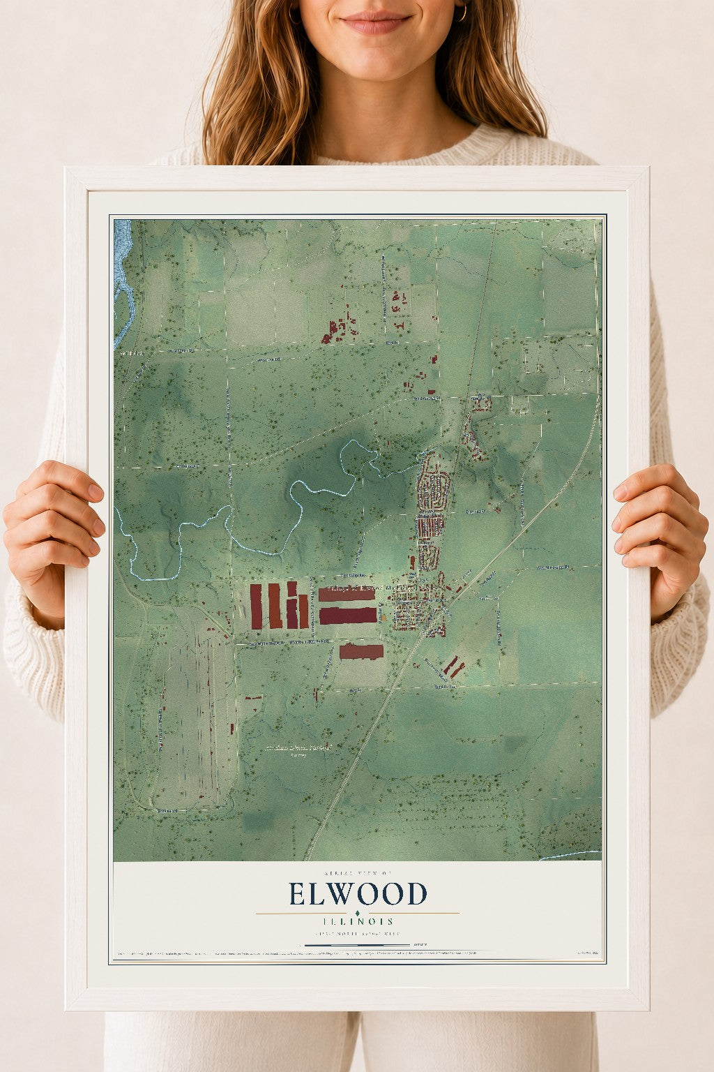 Map of Elwood, Illinois, 18 x 24 inch print in a white wood frame