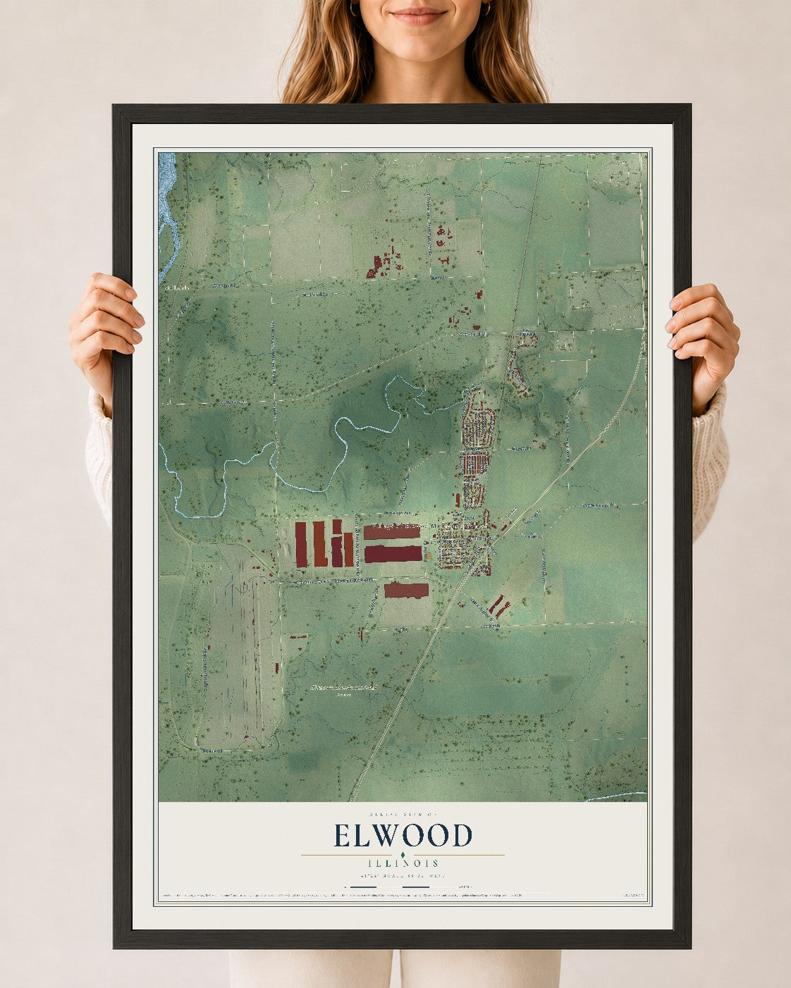 Map of Elwood, Illinois, 24 x 36 inch print in a black wood frame