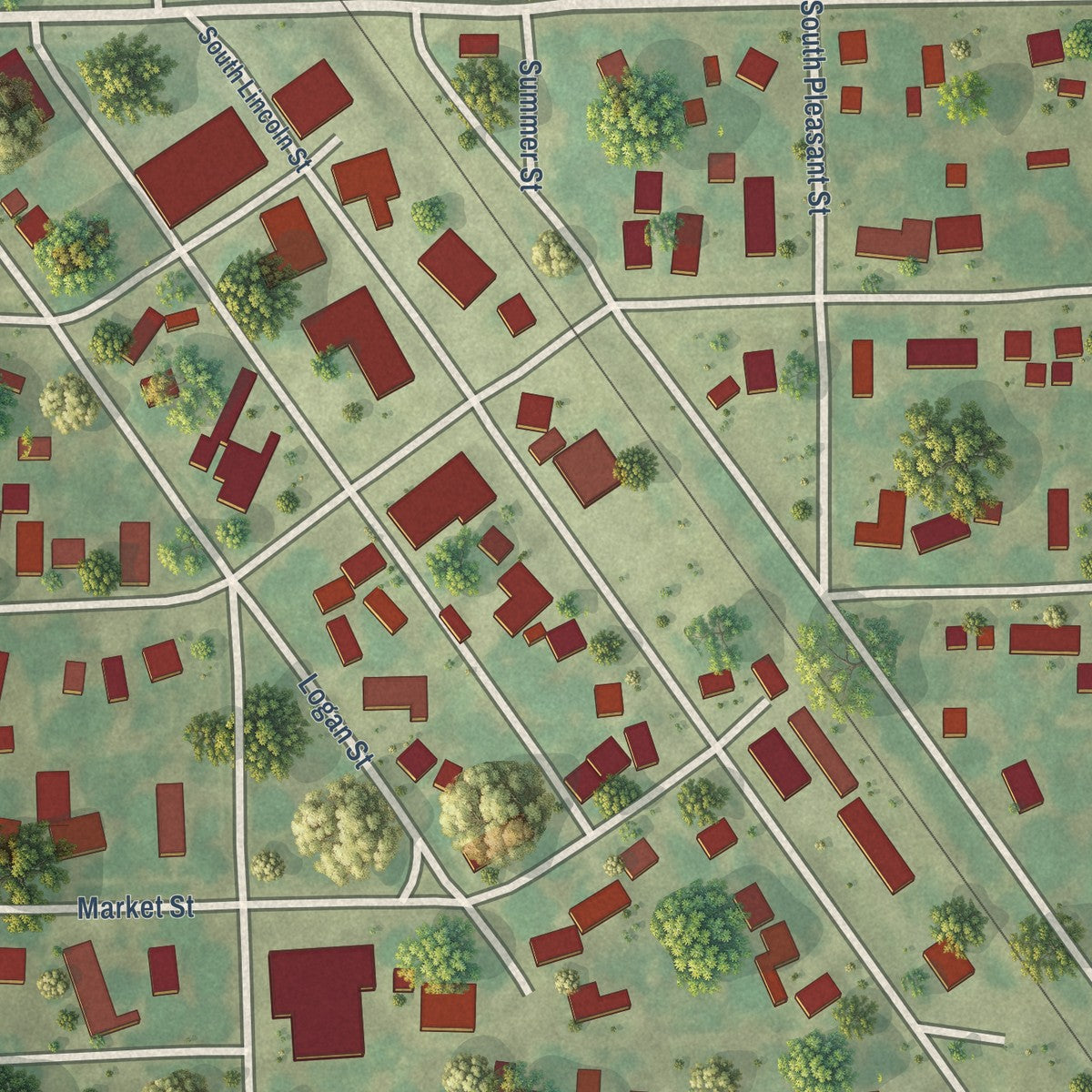 Close-up of the map of Emden, Illinois print showing street and building detail
