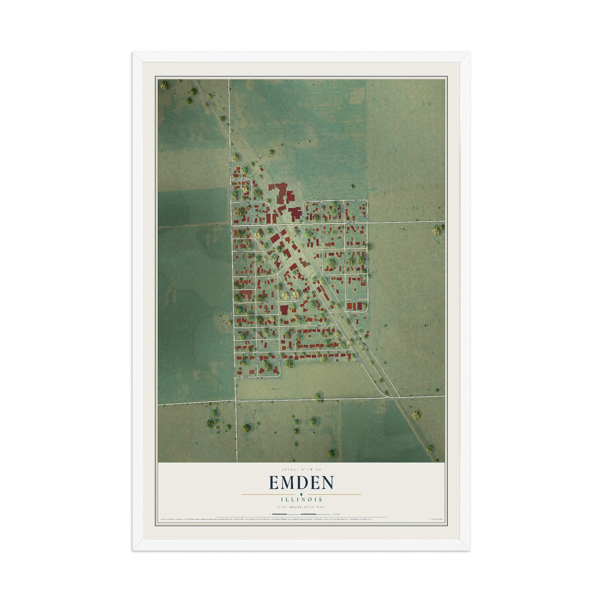 Map of Emden, Illinois, 12 x 18 inch print in a white wood frame