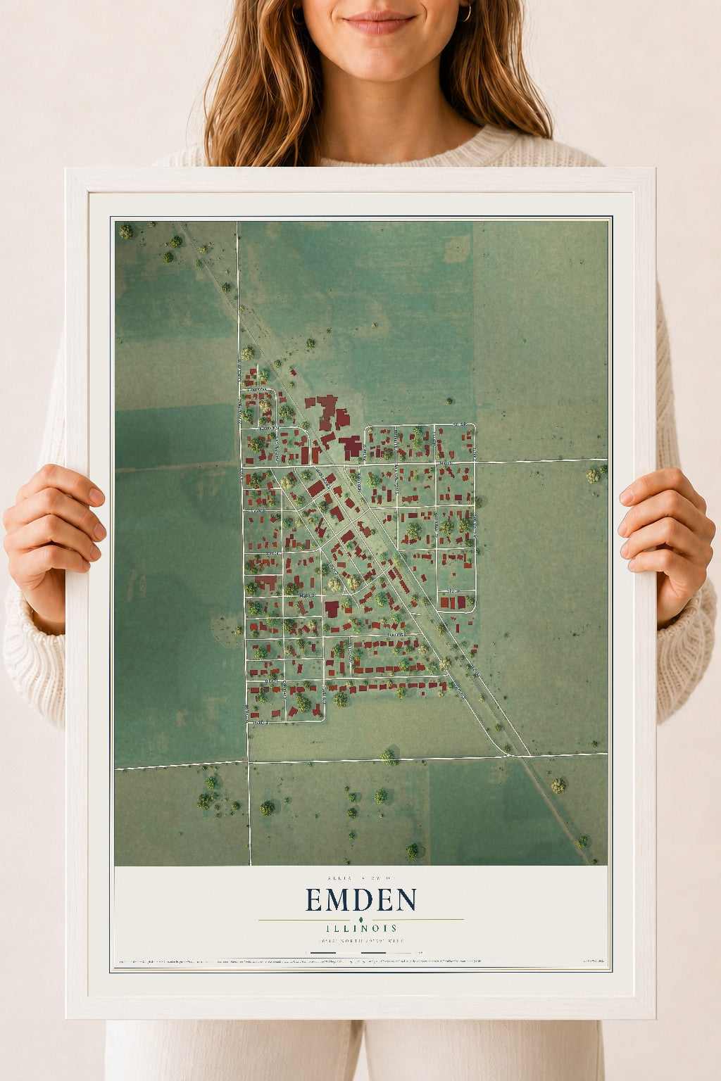 Map of Emden, Illinois, 18 x 24 inch print in a white wood frame