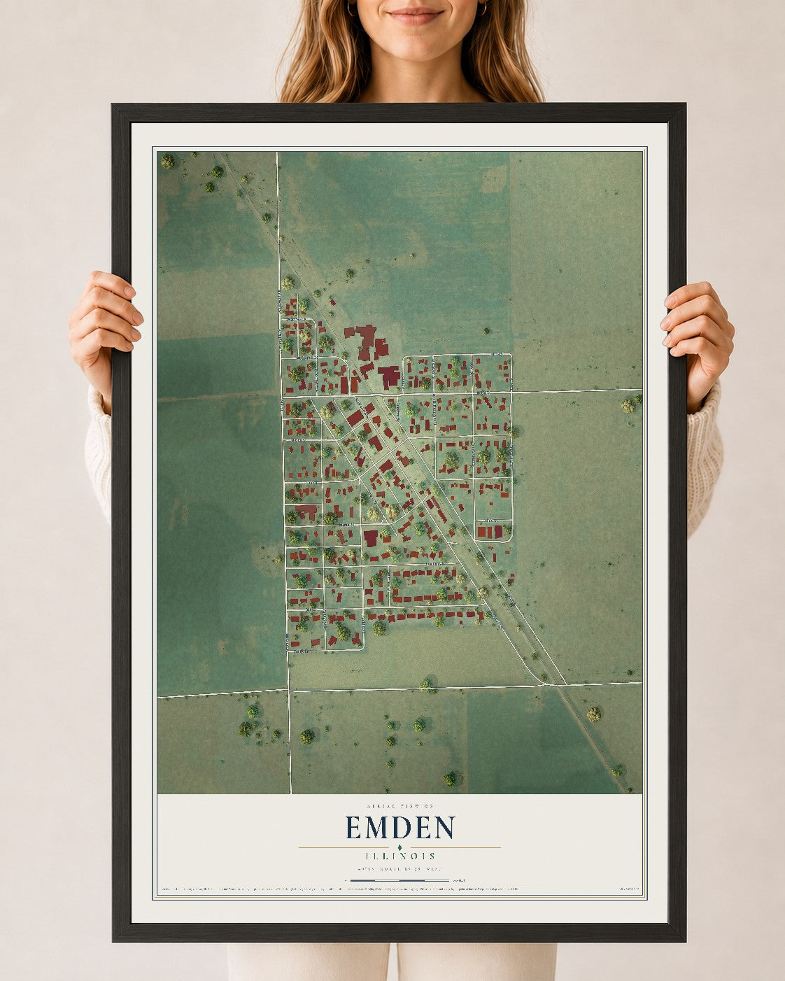 Map of Emden, Illinois, 24 x 36 inch print in a black wood frame