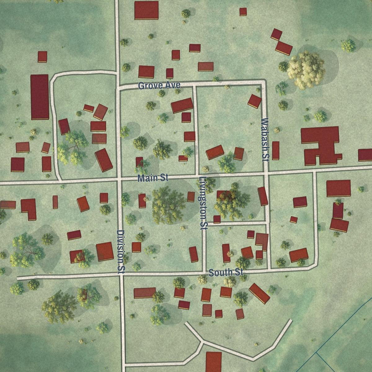 Close-up of the map of Emington, Illinois print showing street and building detail