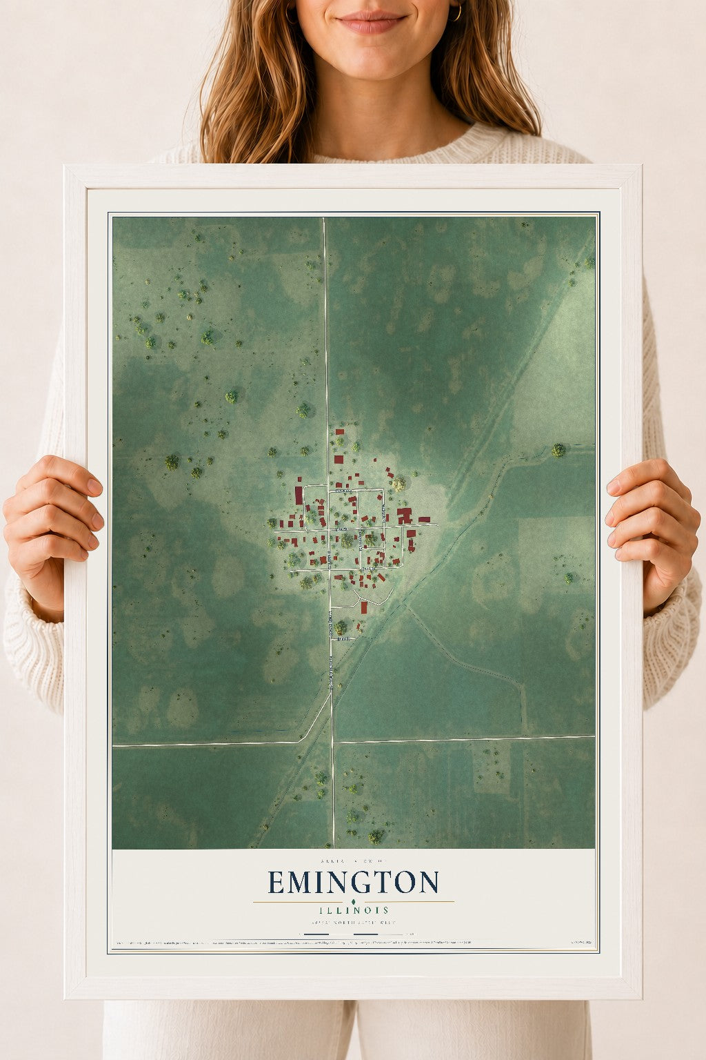 Map of Emington, Illinois, 18 x 24 inch print in a white wood frame