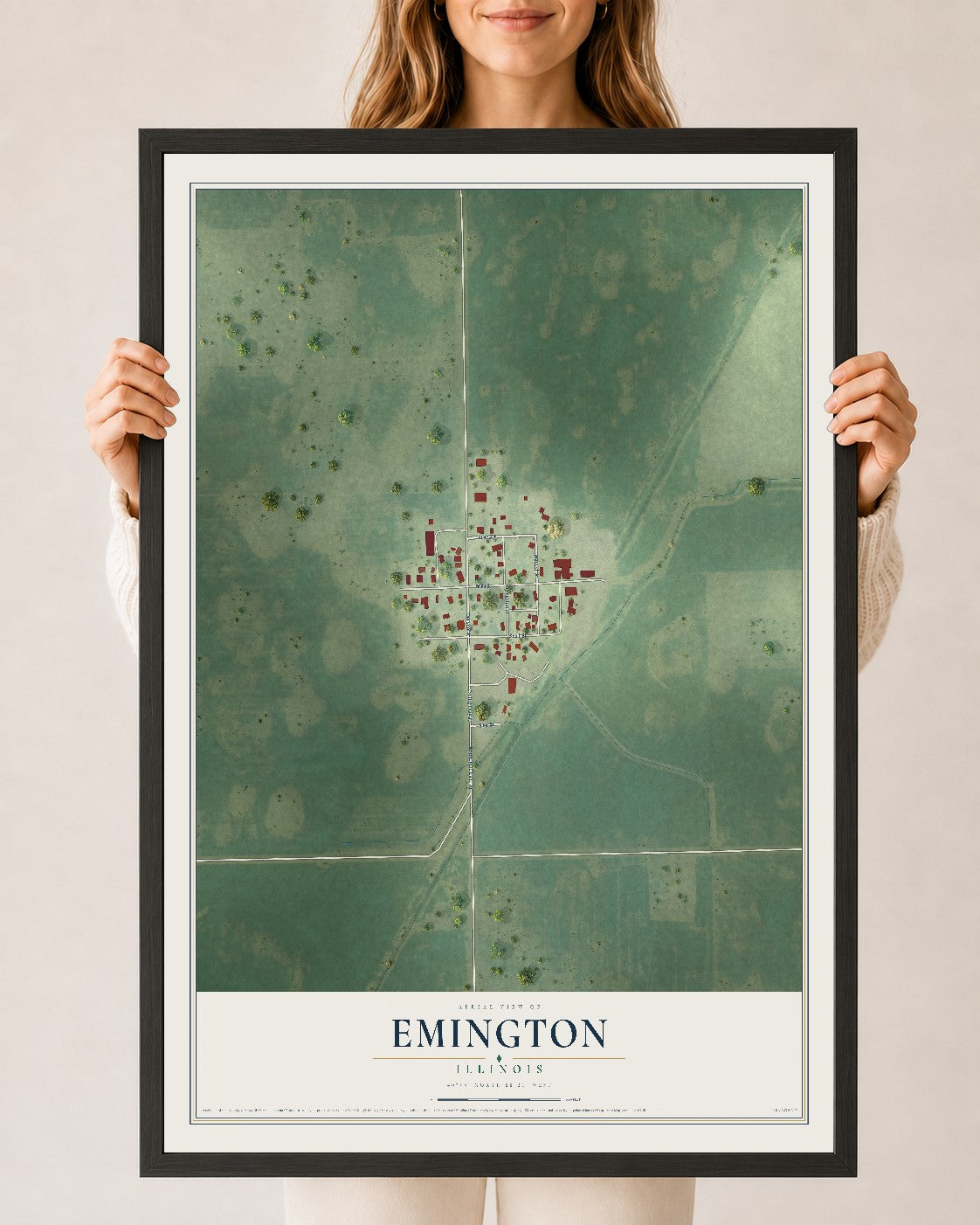 Map of Emington, Illinois, 24 x 36 inch print in a black wood frame