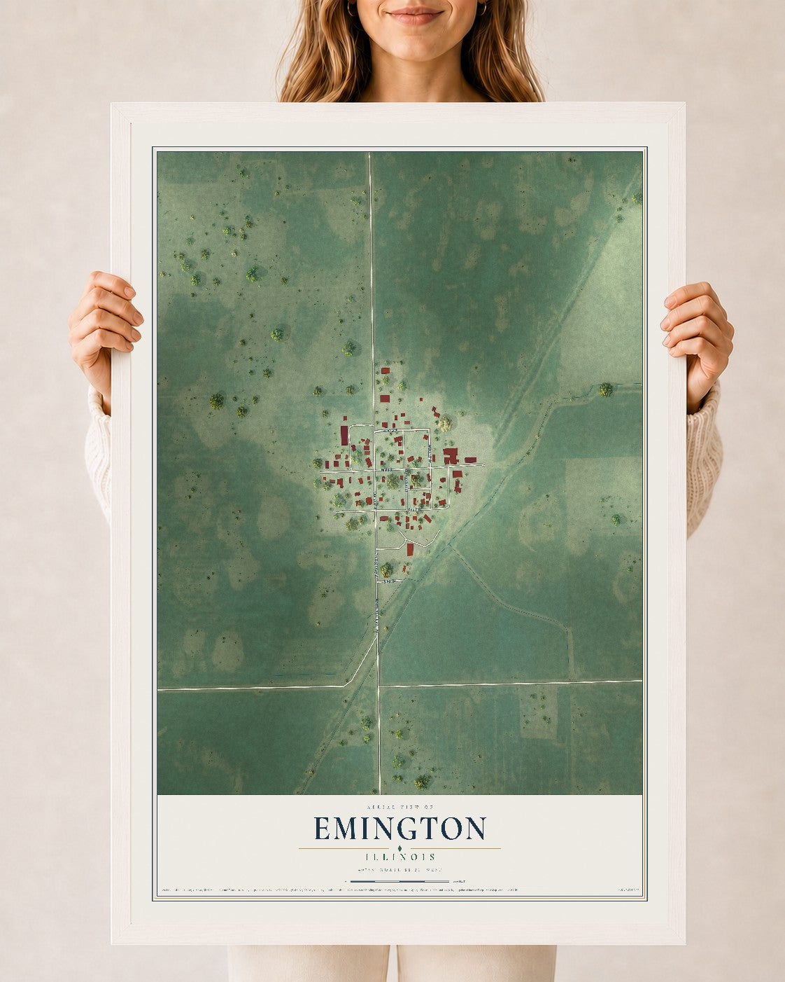 Map of Emington, Illinois, 24 x 36 inch print in a white wood frame