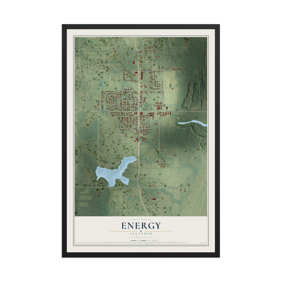 Map of Energy, Illinois, 12 x 18 inch print in a black wood frame