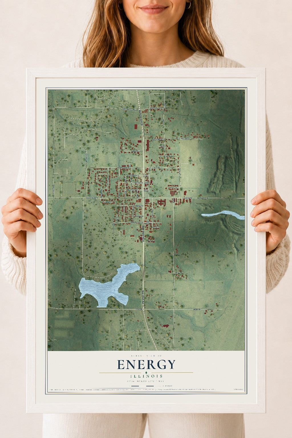 Map of Energy, Illinois, 18 x 24 inch print in a white wood frame