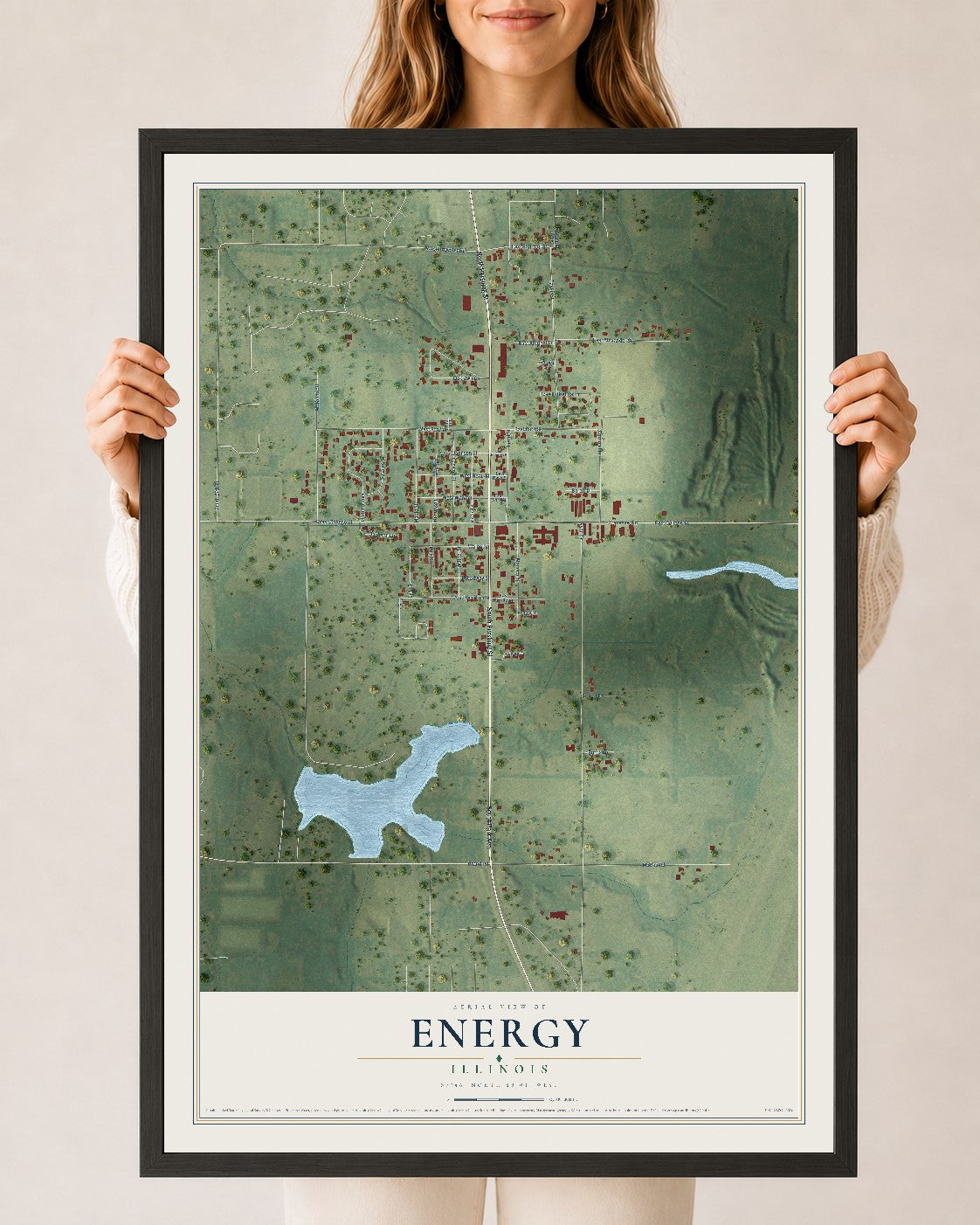 Map of Energy, Illinois, 24 x 36 inch print in a black wood frame