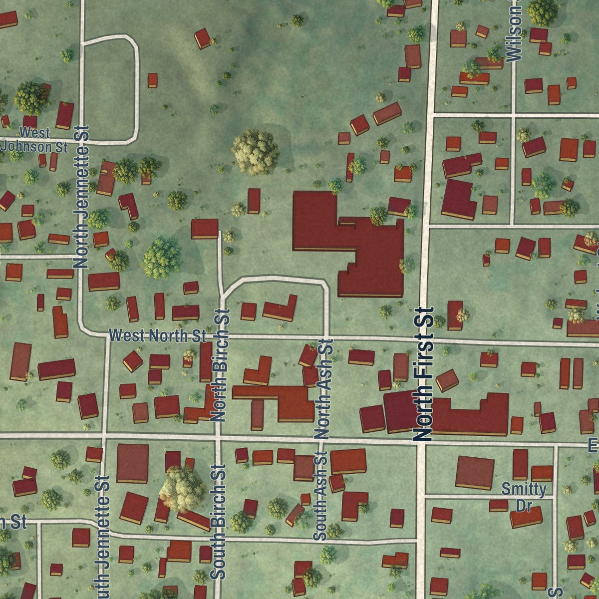 Close-up of the map of Enfield, Illinois print showing street and building detail