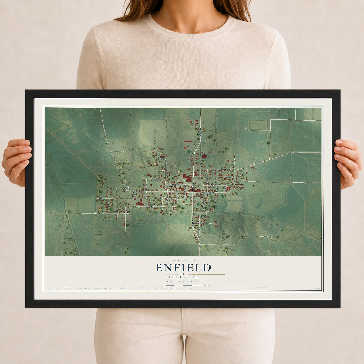 Map of Enfield, Illinois, 12 x 18 inch print in a black wood frame