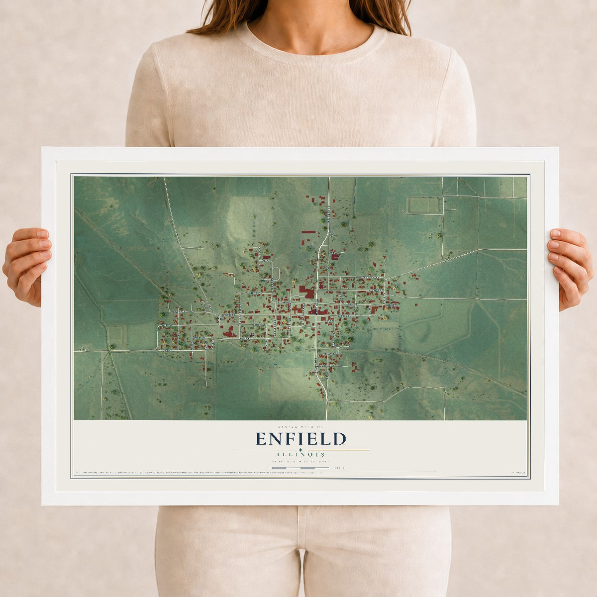 Map of Enfield, Illinois, 12 x 18 inch print in a white wood frame