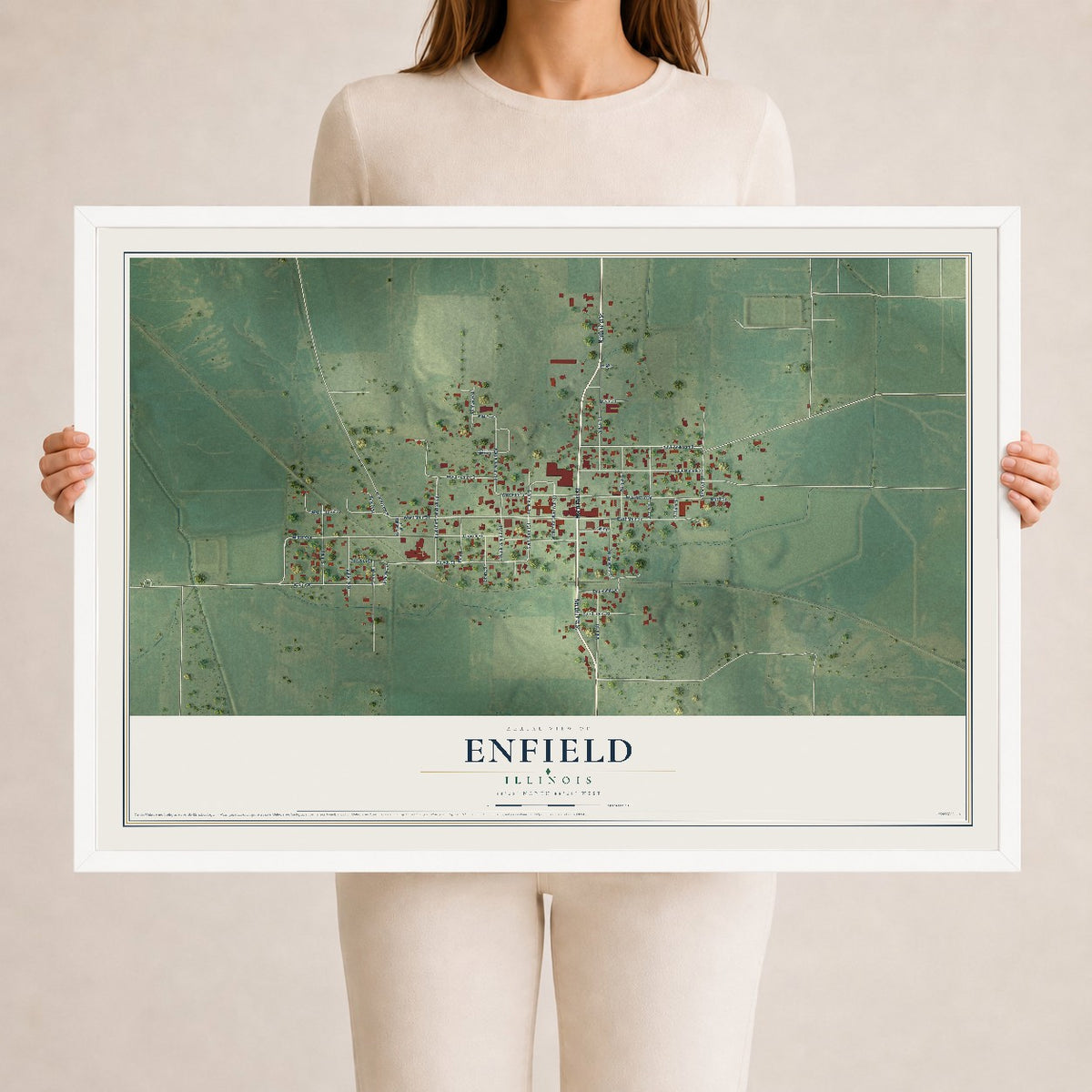 Map of Enfield, Illinois, 24 x 36 inch print in a white wood frame