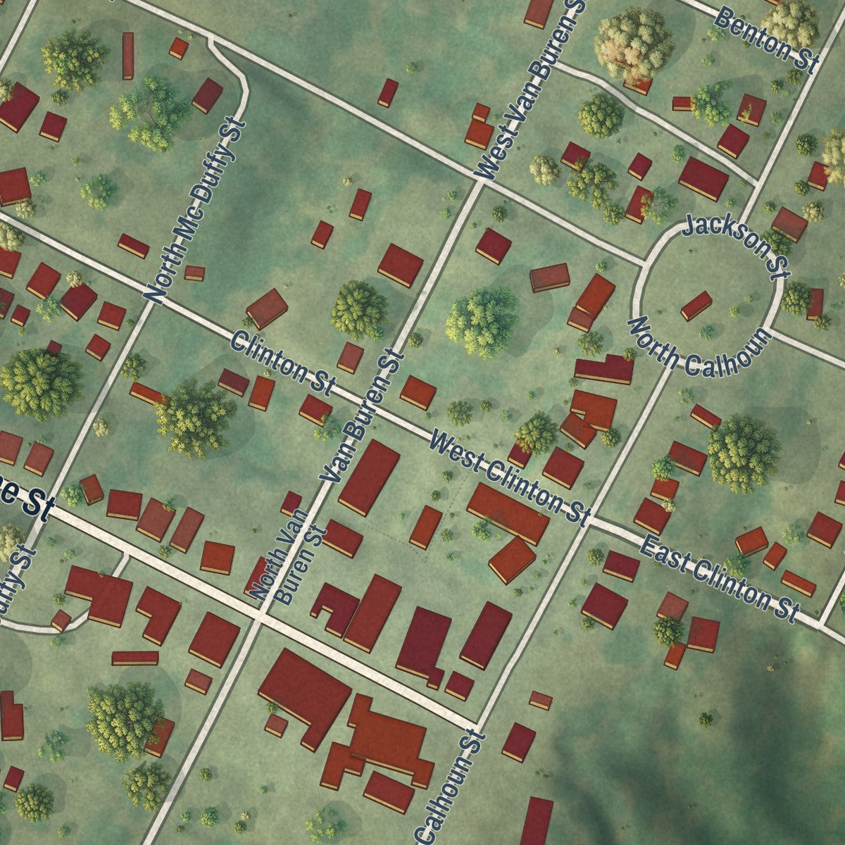 Close-up of the map of Equality, Illinois print showing street and building detail