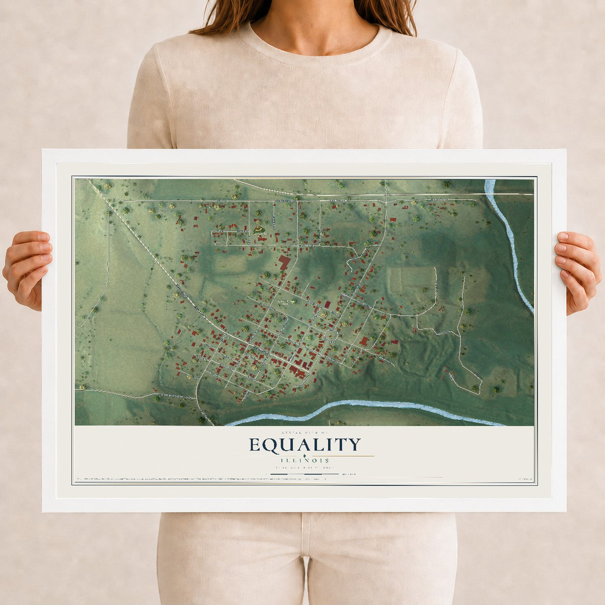 Map of Equality, Illinois, 12 x 18 inch print in a white wood frame
