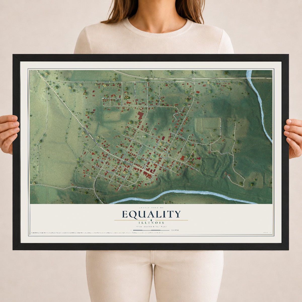 Map of Equality, Illinois, 18 x 24 inch print in a black wood frame