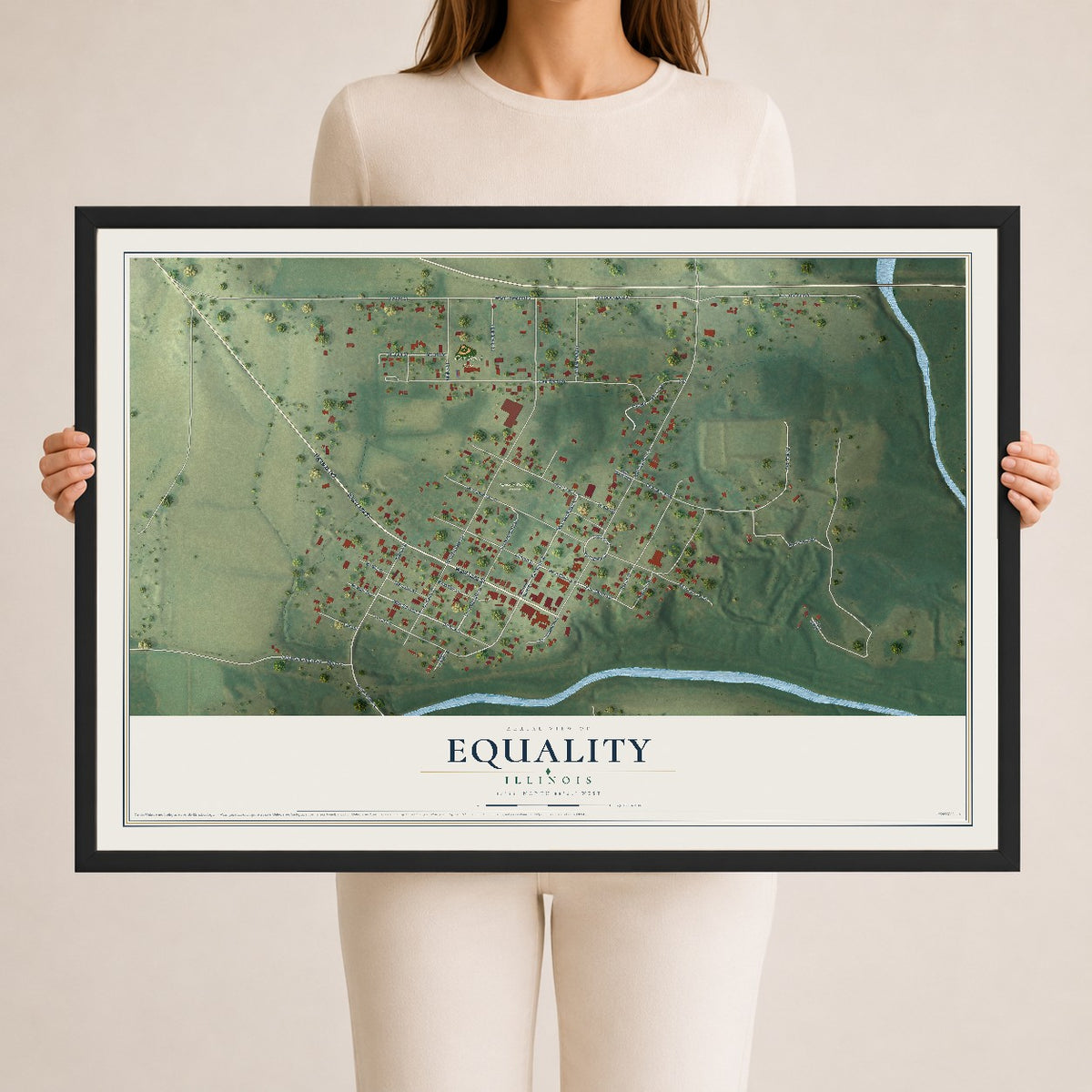 Map of Equality, Illinois, 24 x 36 inch print in a black wood frame