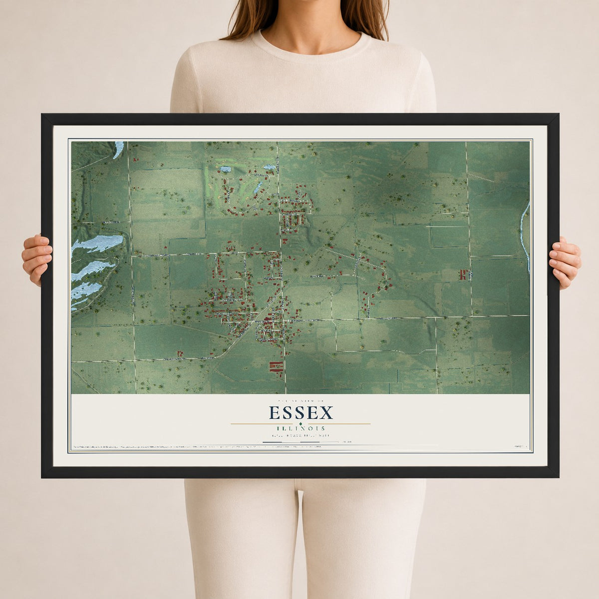 Map of Essex, Illinois, 24 x 36 inch print in a black wood frame