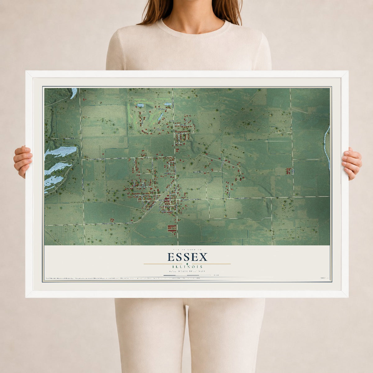 Map of Essex, Illinois, 24 x 36 inch print in a white wood frame