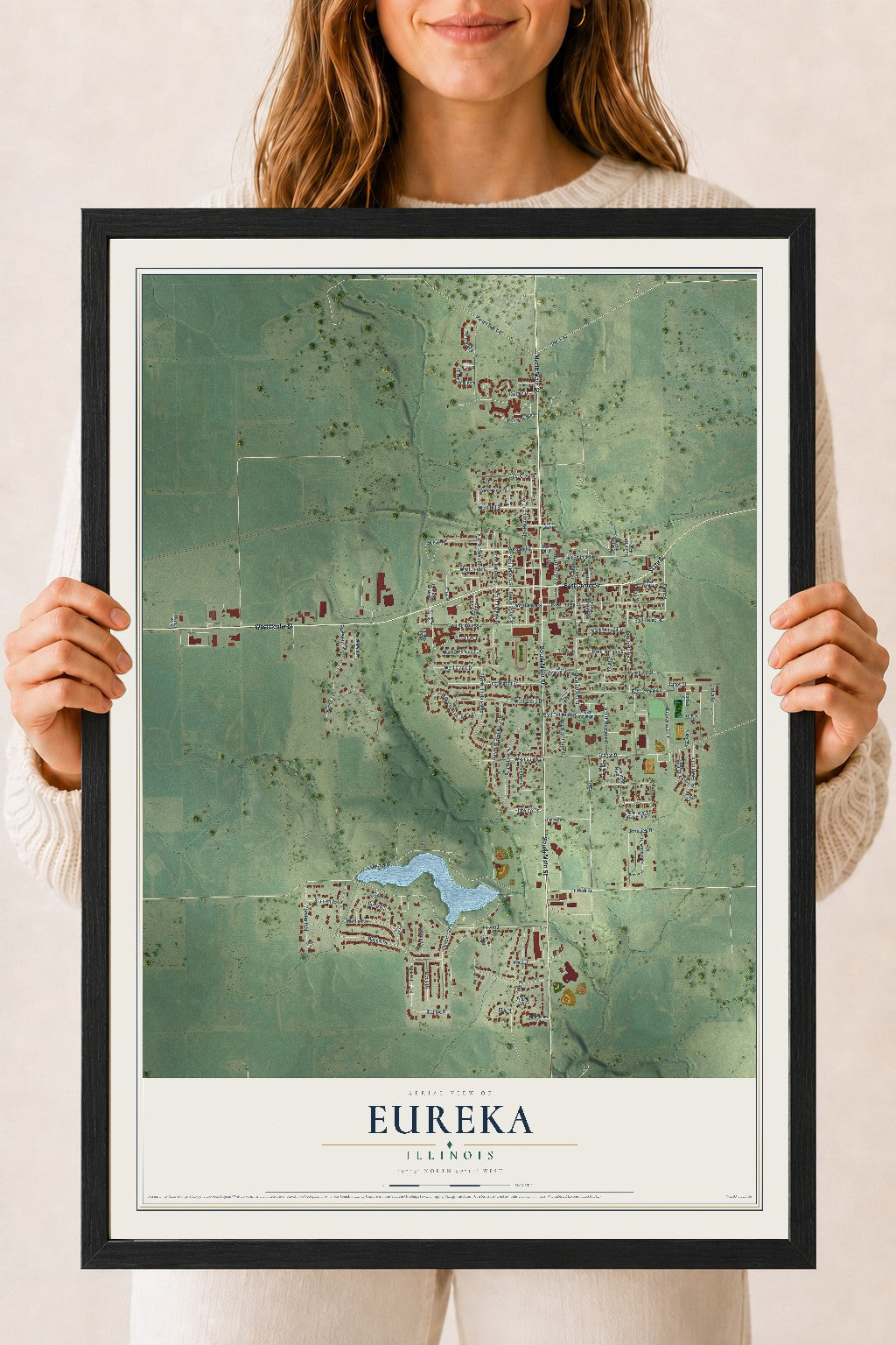 Map of Eureka, Illinois, 18 x 24 inch print in a black wood frame