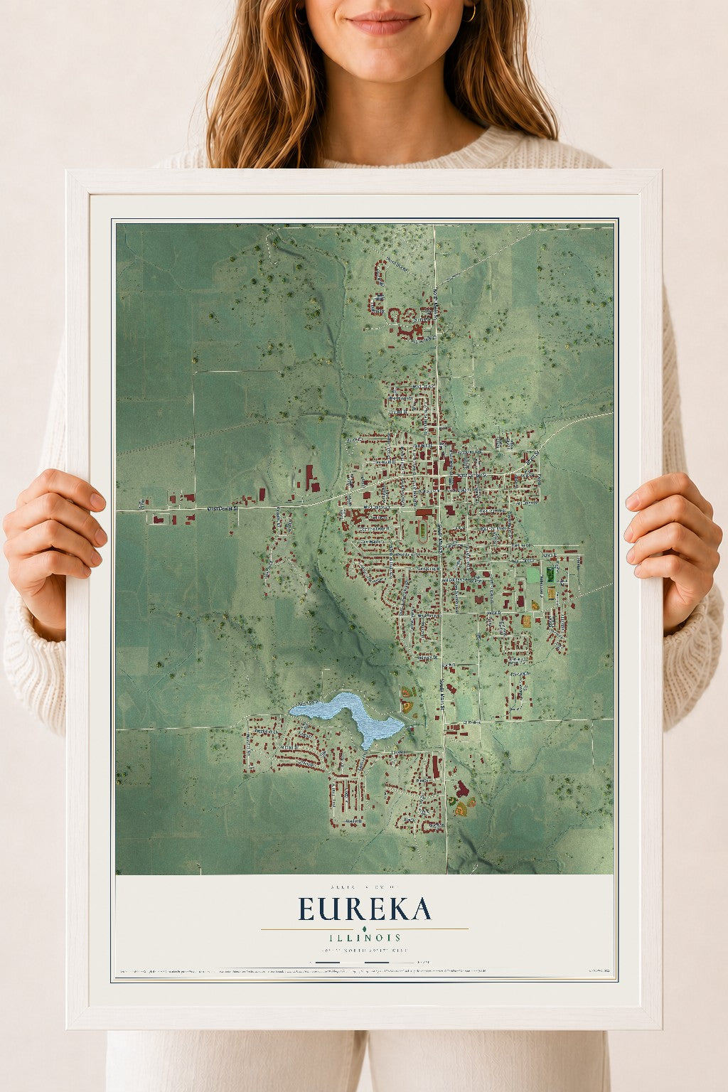 Map of Eureka, Illinois, 18 x 24 inch print in a white wood frame