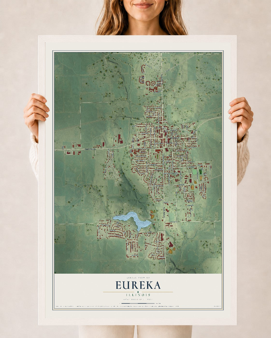 Map of Eureka, Illinois, 24 x 36 inch print in a white wood frame