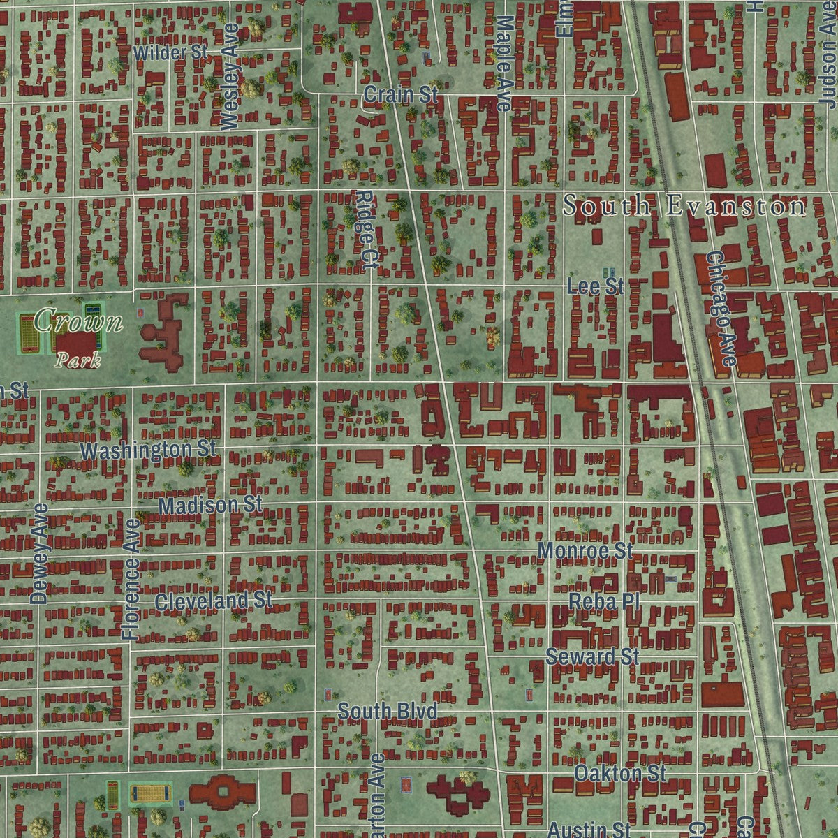 Close-up of the map of Evanston, Illinois print showing street and building detail