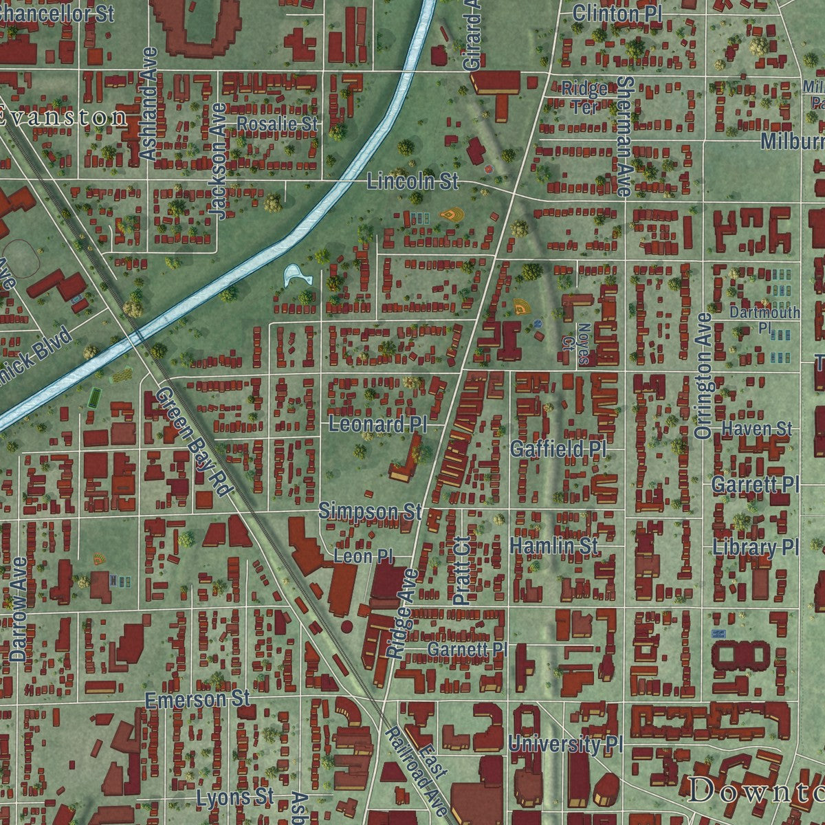 Second close-up of the map of Evanston, Illinois print showing more streets and buildings