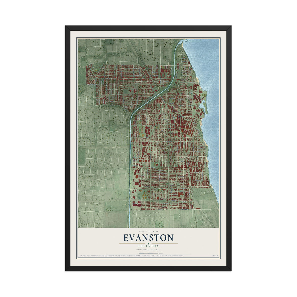 Map of Evanston, Illinois, 12 x 18 inch print in a black wood frame