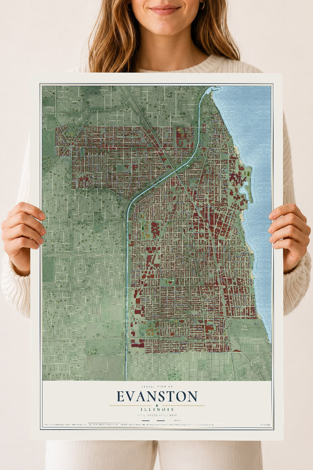 Map of Evanston, Illinois, 18 x 24 inch unframed archival matte print